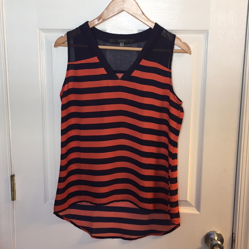 Navy/Dark Orange Sleeveless V-Neck Blouse